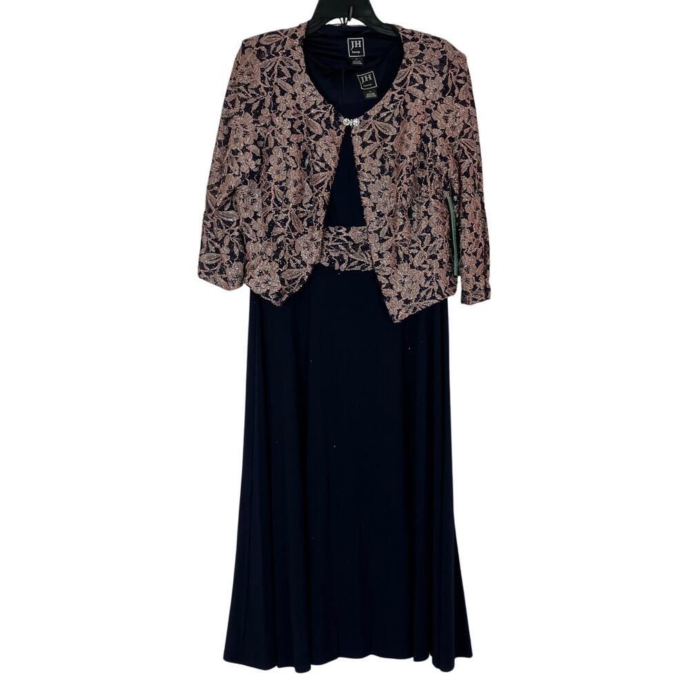 Jessica Howard Evenings Navy Pink Sparkly Floral Jacket & Dress Set Womens 14